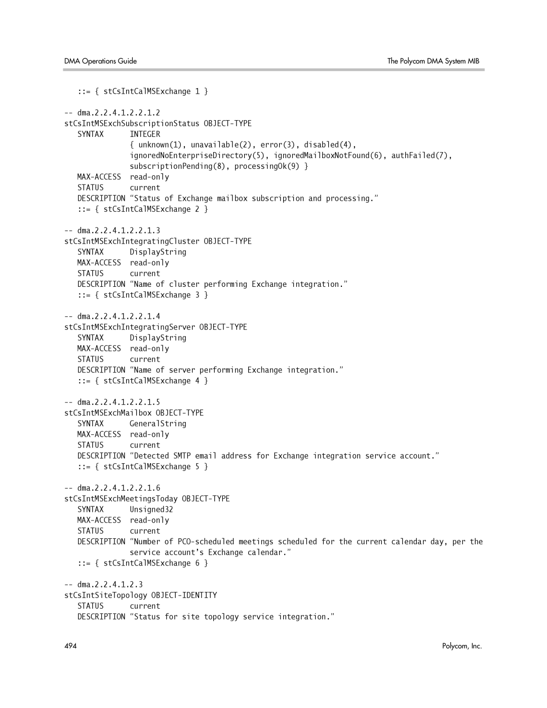 Polycom 3725-76302-001LI manual = stCsIntCalMSExchange, Status for site topology service integration 