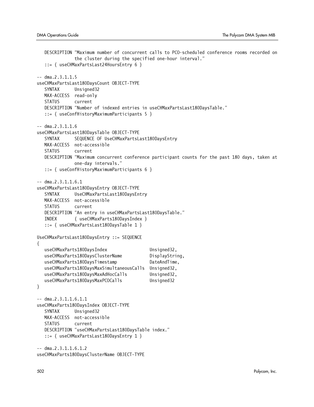 Polycom 3725-76302-001LI Dma.2.3.1.1.6 UseCHMaxPartsLast180DaysTable OBJECT-TYPE, Syntax UseCHMaxPartsLast180DaysEntry 