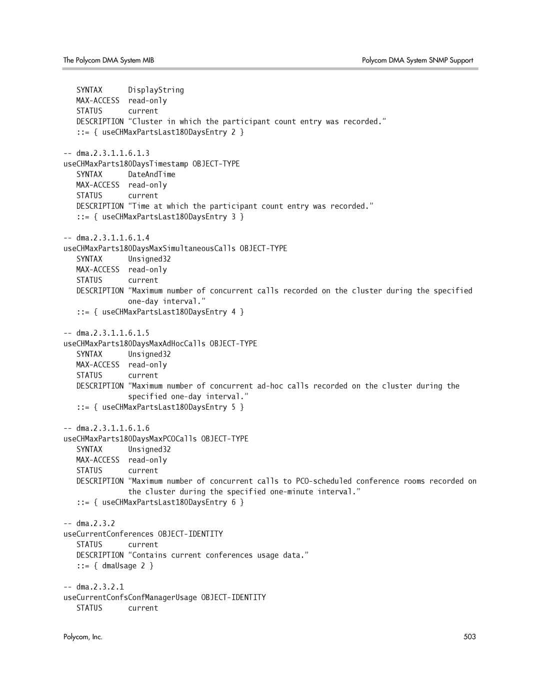 Polycom 3725-76302-001LI manual DisplayString, = useCHMaxPartsLast180DaysEntry 