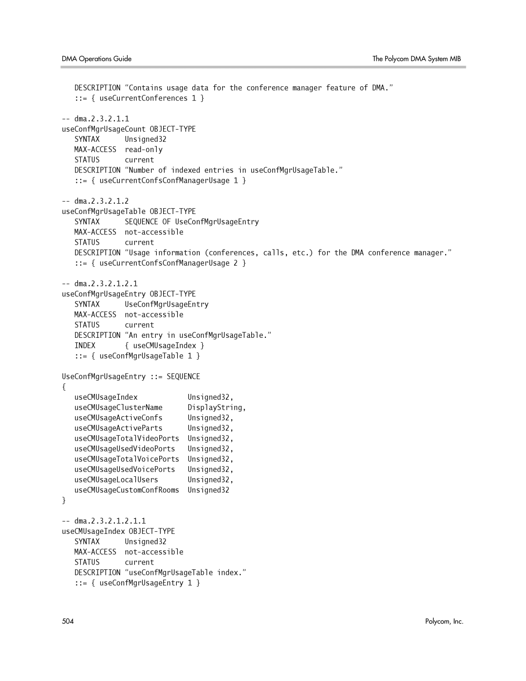 Polycom 3725-76302-001LI manual Dma.2.3.2.1.2 UseConfMgrUsageTable OBJECT-TYPE, Sequence of UseConfMgrUsageEntry 