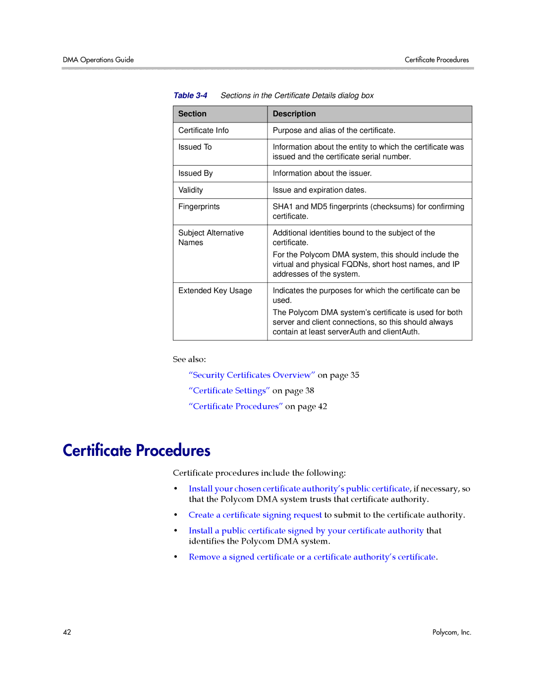 Polycom 3725-76302-001LI manual Certificate Procedures, Section Description 