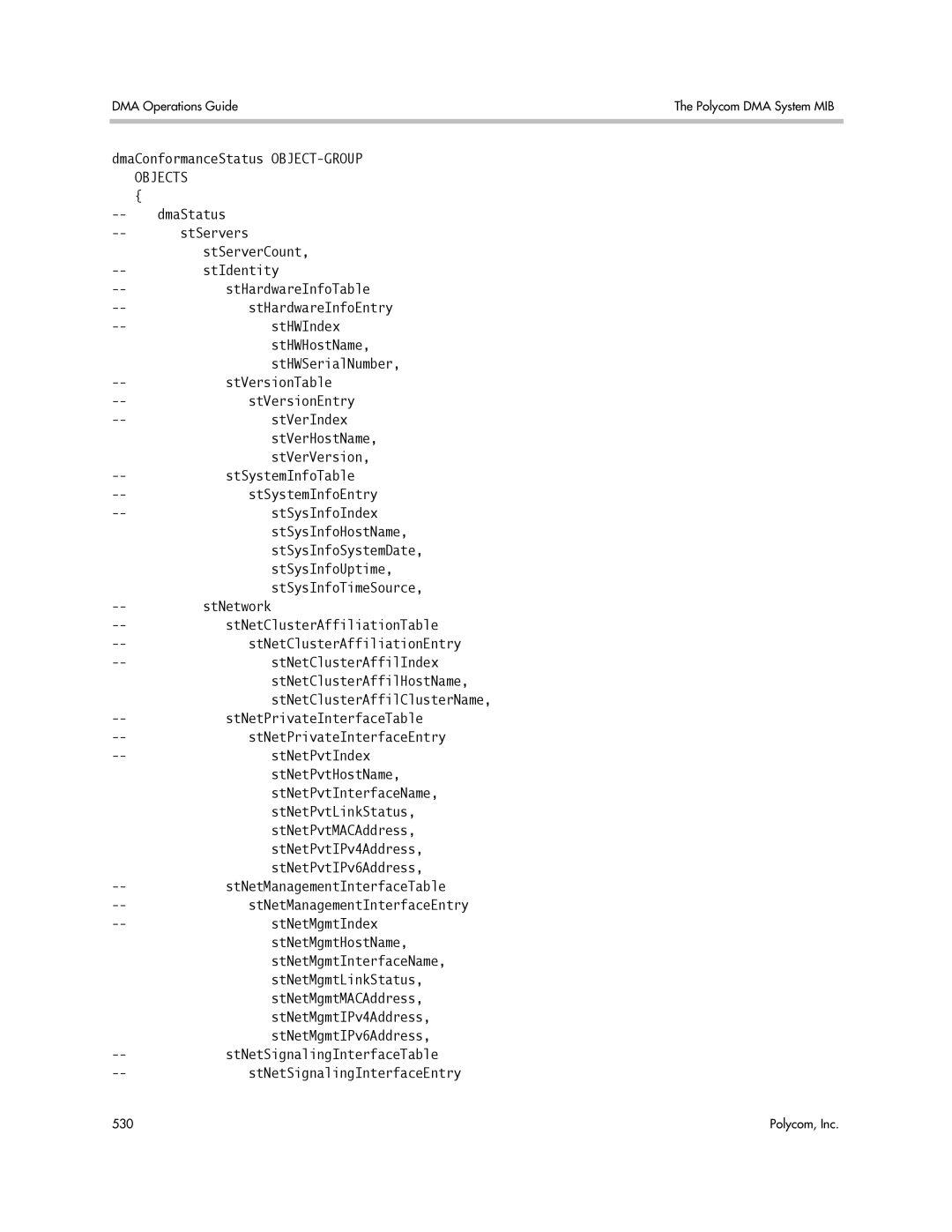 Polycom 3725-76302-001LI manual DmaConformanceStatus OBJECT-GROUP Objects DmaStatus, StIdentity StHardwareInfoTable 