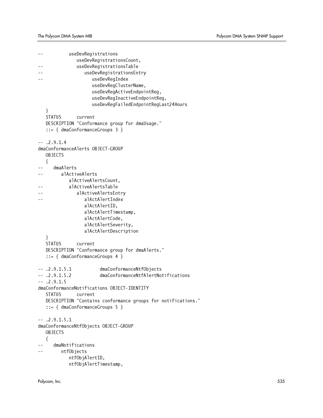 Polycom 3725-76302-001LI manual Description Conformance group for dmaUsage, DmaConformanceAlerts OBJECT-GROUP 