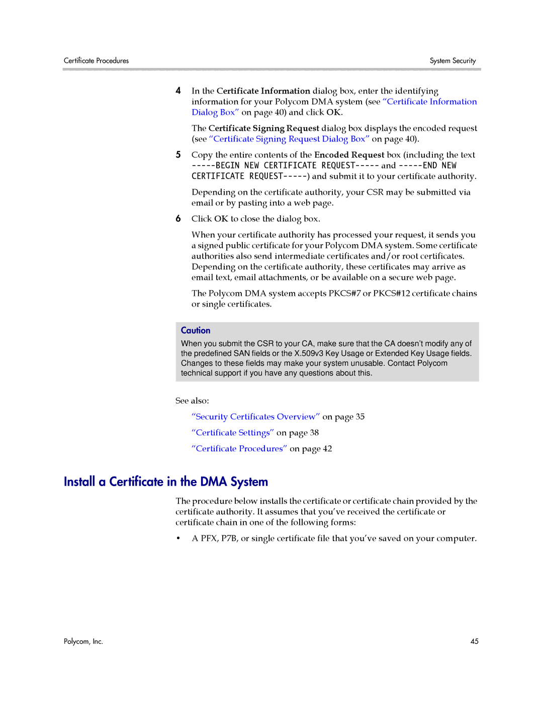 Polycom 3725-76302-001LI manual Install a Certificate in the DMA System 