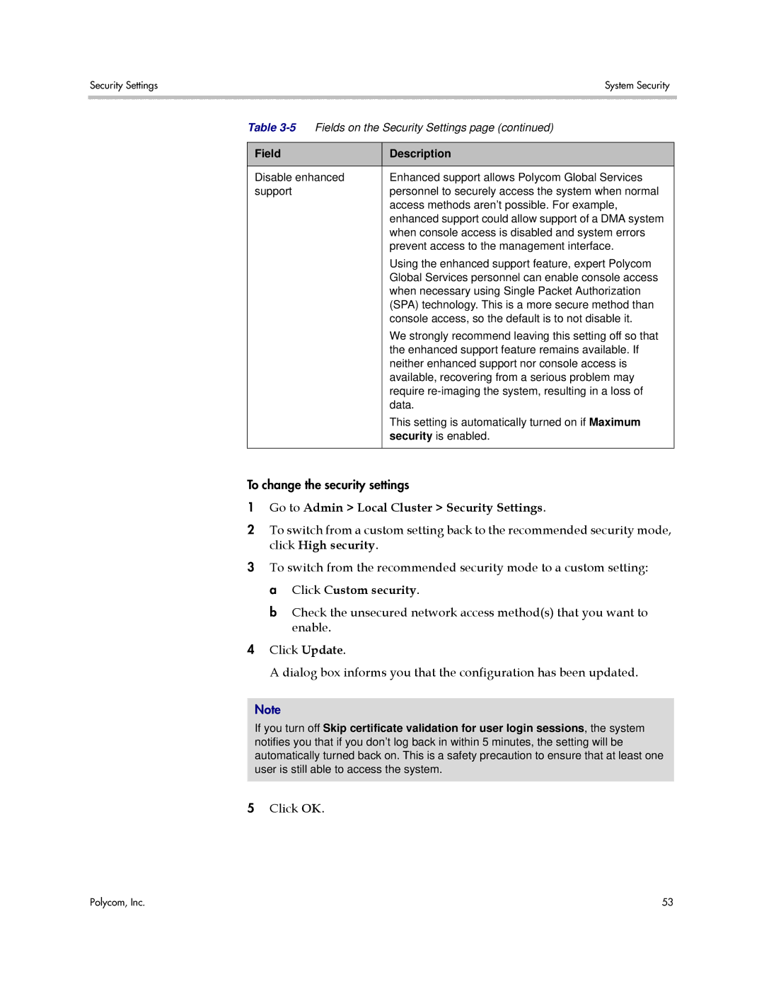 Polycom 3725-76302-001LI manual Go to Admin Local Cluster Security Settings 