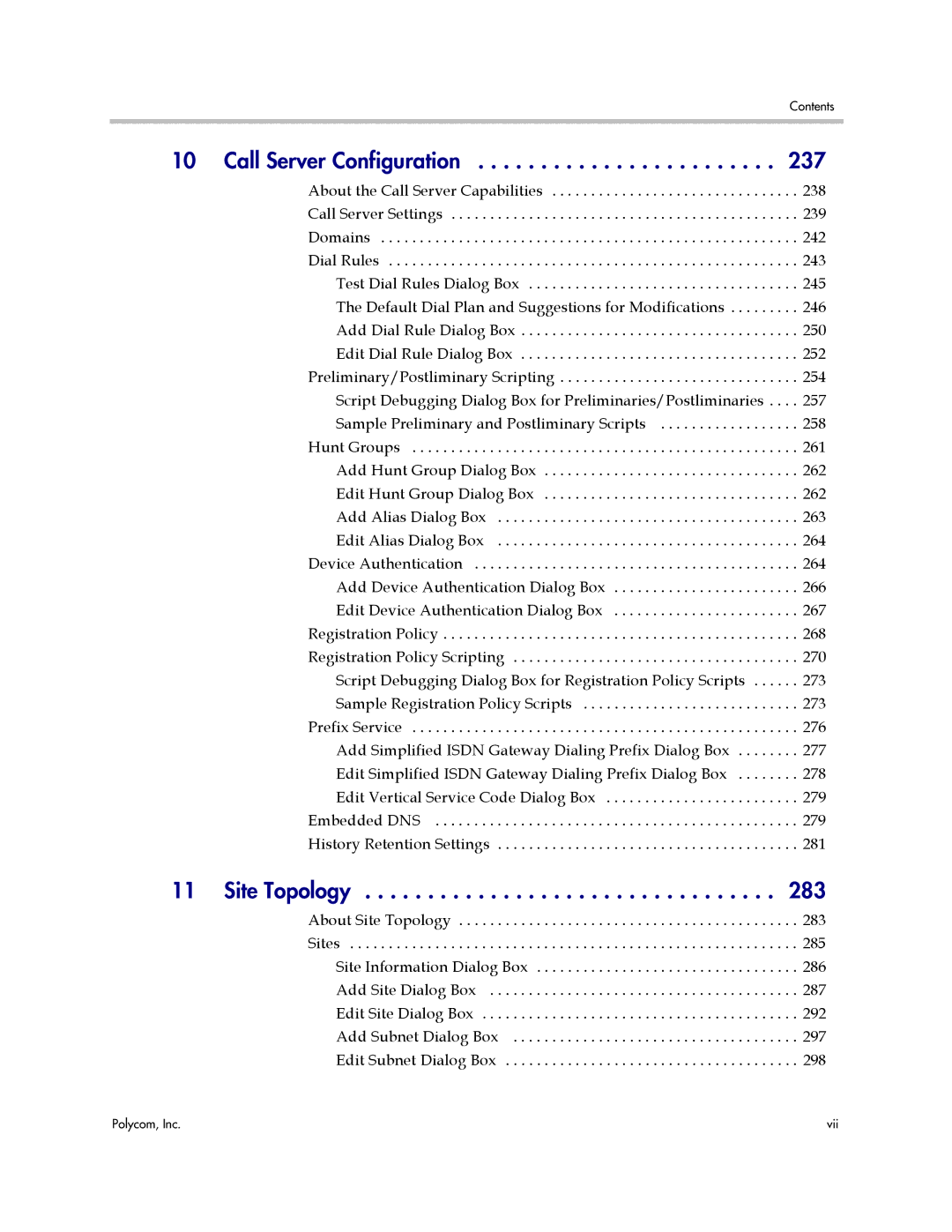 Polycom 3725-76302-001LI manual Call Server Configuration 237, Site Topology 283 