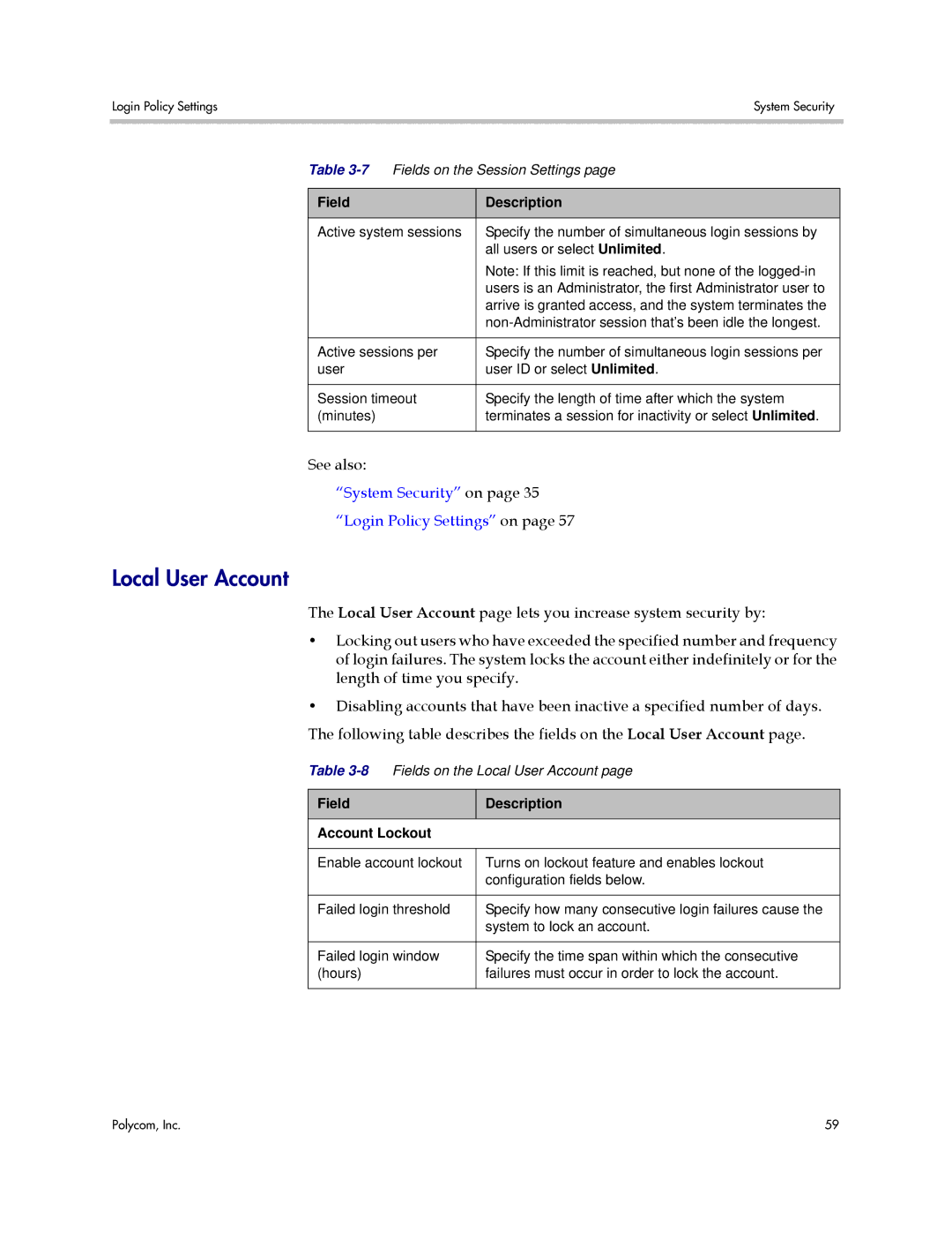 Polycom 3725-76302-001LI manual Local User Account, Field Description Account Lockout 