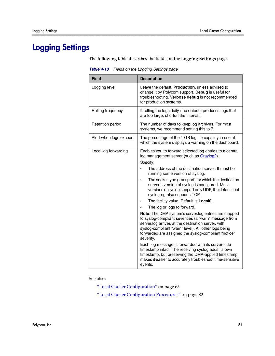 Polycom 3725-76302-001LI manual Logging Settings, Field Description 