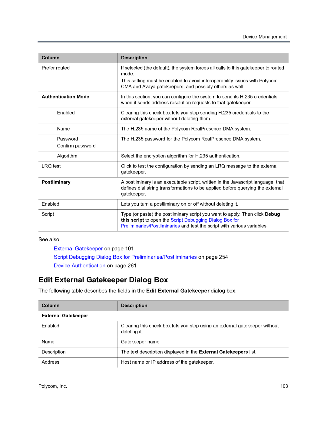 Polycom 3725-76302-001O manual Edit External Gatekeeper Dialog Box, Authentication Mode, Postliminary 