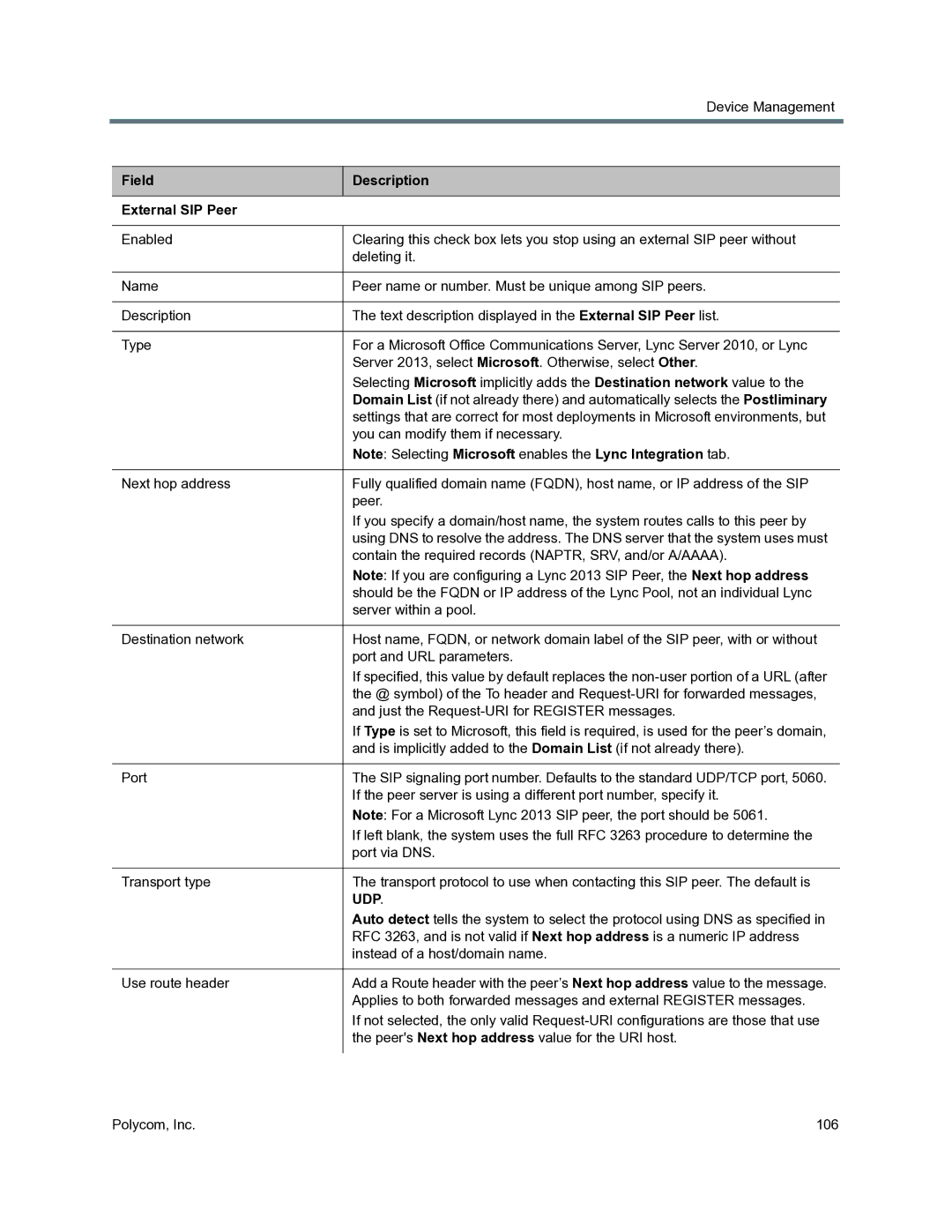 Polycom 3725-76302-001O manual Field Description External SIP Peer, Udp 