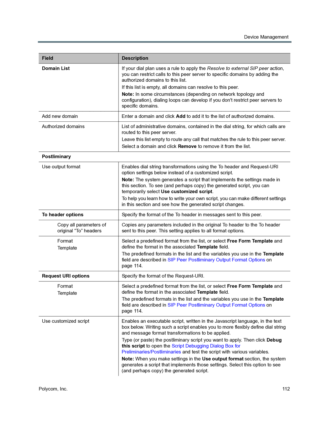 Polycom 3725-76302-001O manual Field Description Domain List, Postliminary 