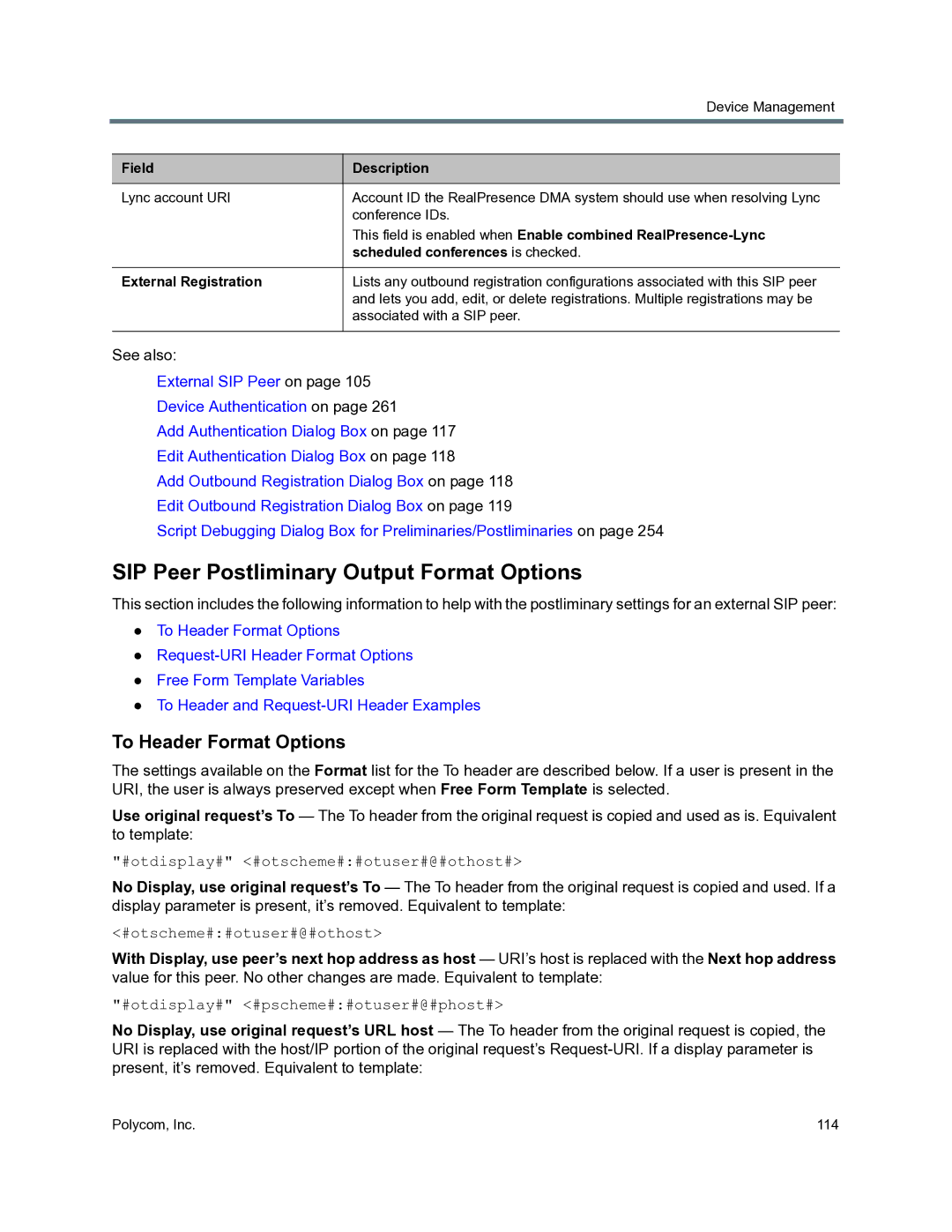 Polycom 3725-76302-001O manual SIP Peer Postliminary Output Format Options, To Header Format Options 