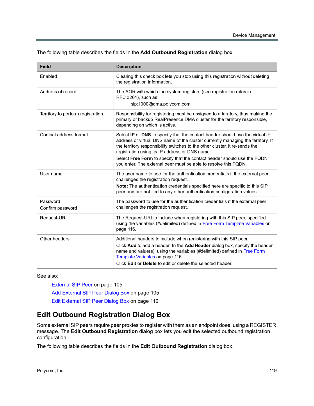 Polycom 3725-76302-001O manual Edit Outbound Registration Dialog Box, Template Variables on 