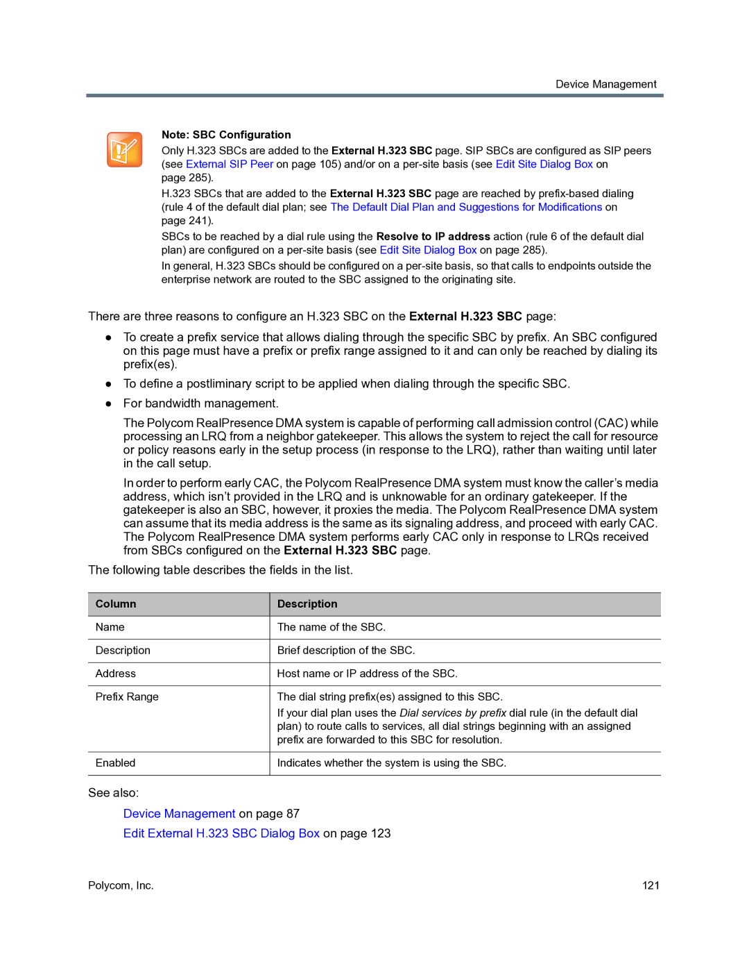 Polycom 3725-76302-001O manual Device Management on Edit External H.323 SBC Dialog Box on 