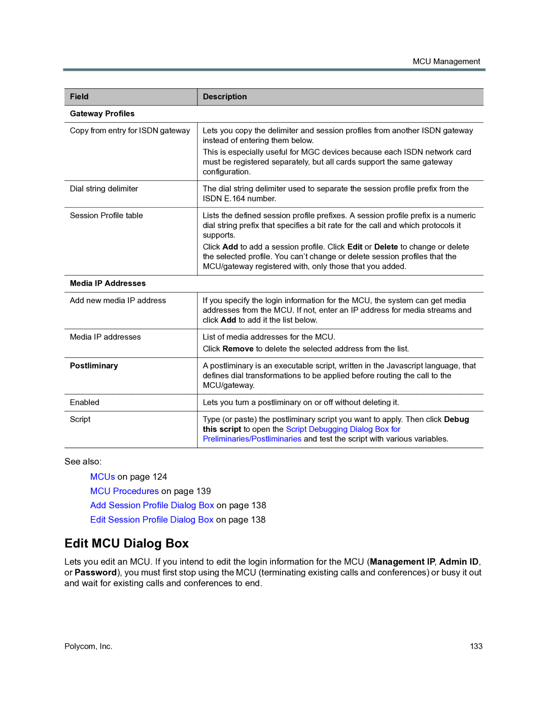 Polycom 3725-76302-001O manual Edit MCU Dialog Box, Field Description Gateway Profiles, Media IP Addresses 