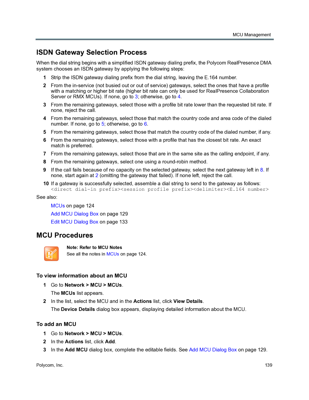 Polycom 3725-76302-001O Isdn Gateway Selection Process, MCU Procedures, To view information about an MCU, To add an MCU 