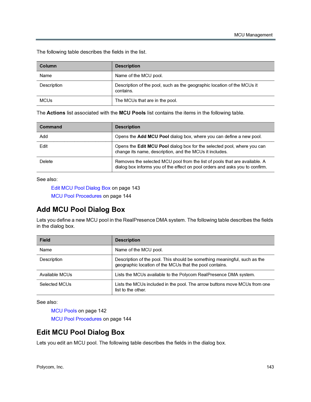 Polycom 3725-76302-001O manual Add MCU Pool Dialog Box, Edit MCU Pool Dialog Box, Column, Command 