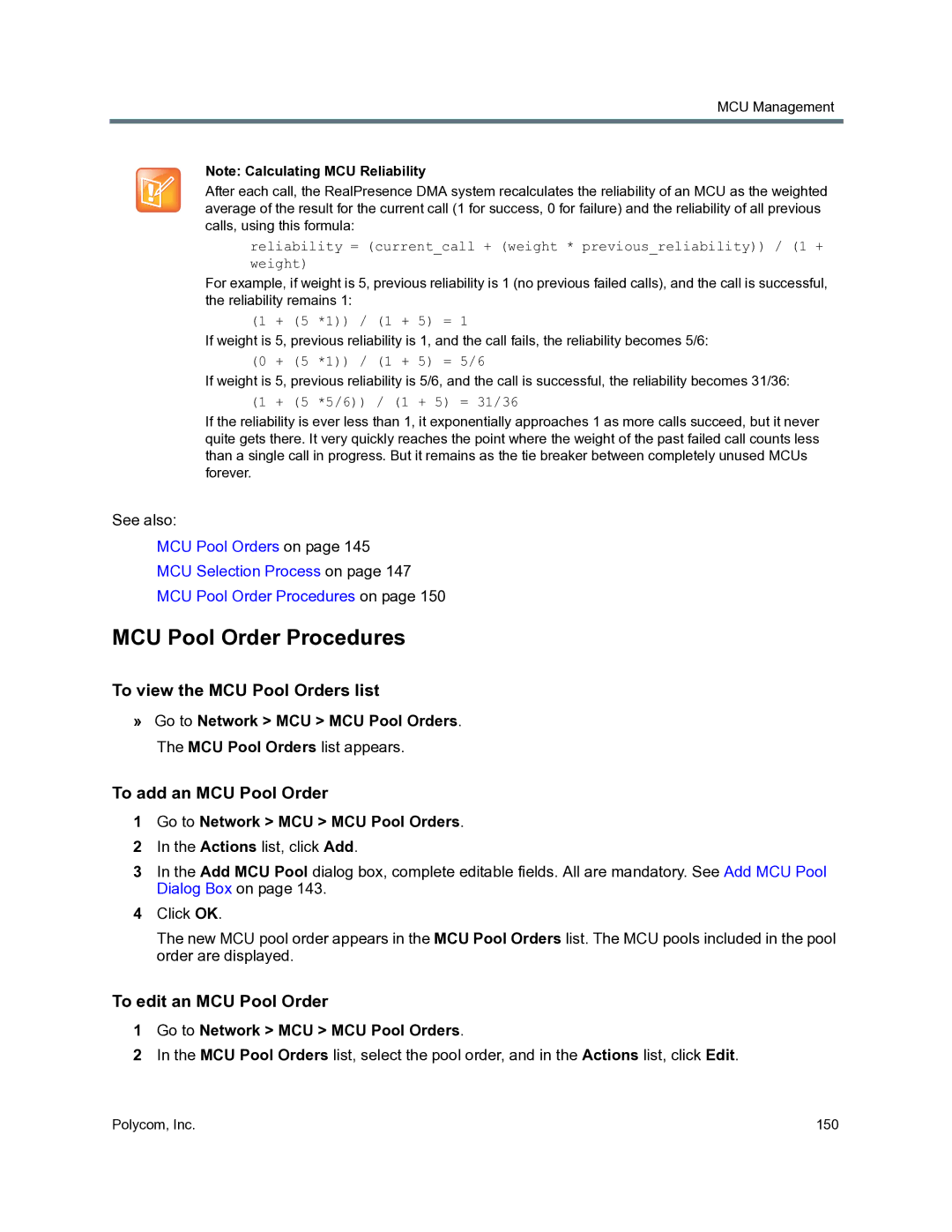 Polycom 3725-76302-001O manual MCU Pool Order Procedures, To view the MCU Pool Orders list, To add an MCU Pool Order 