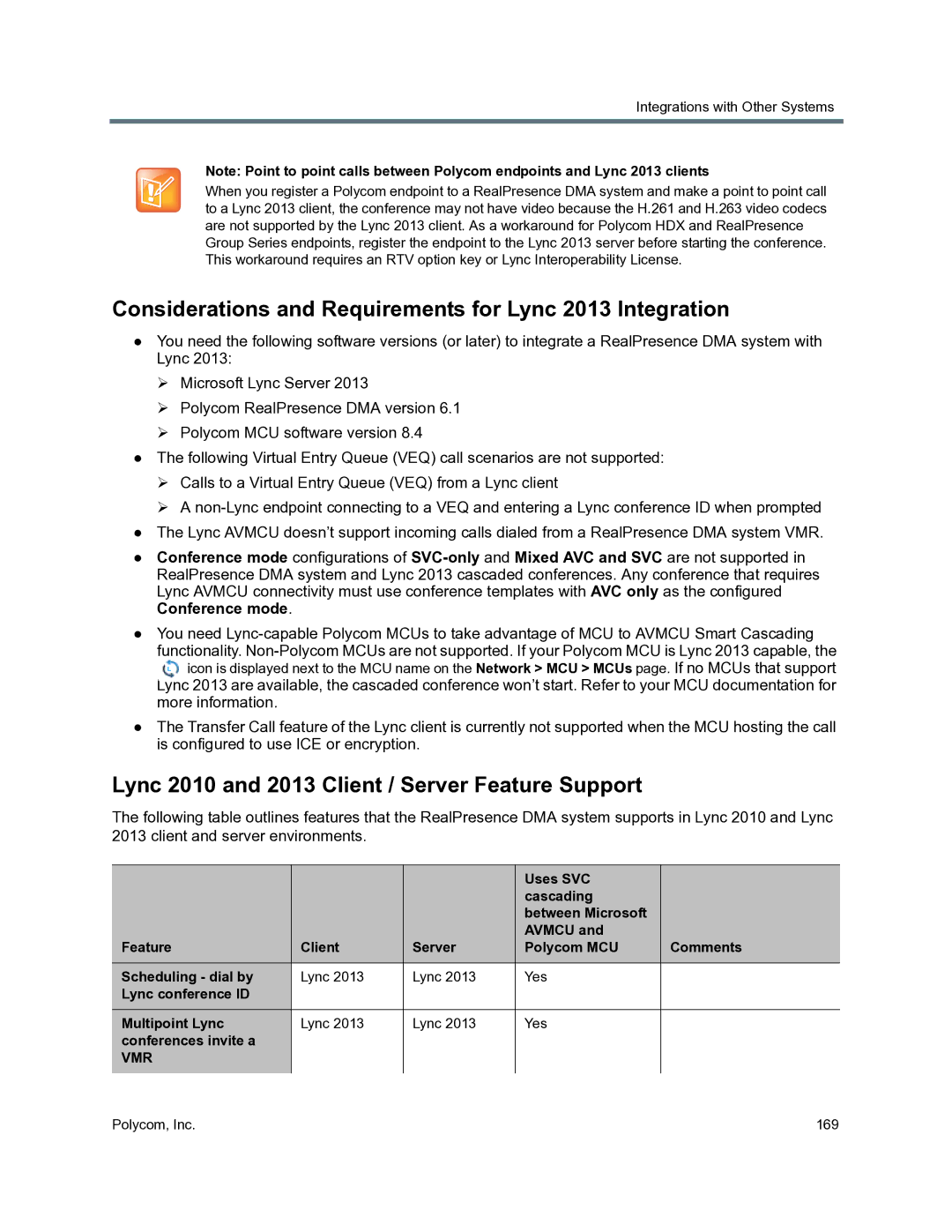 Polycom 3725-76302-001O manual Considerations and Requirements for Lync 2013 Integration, Polycom, Inc 169 