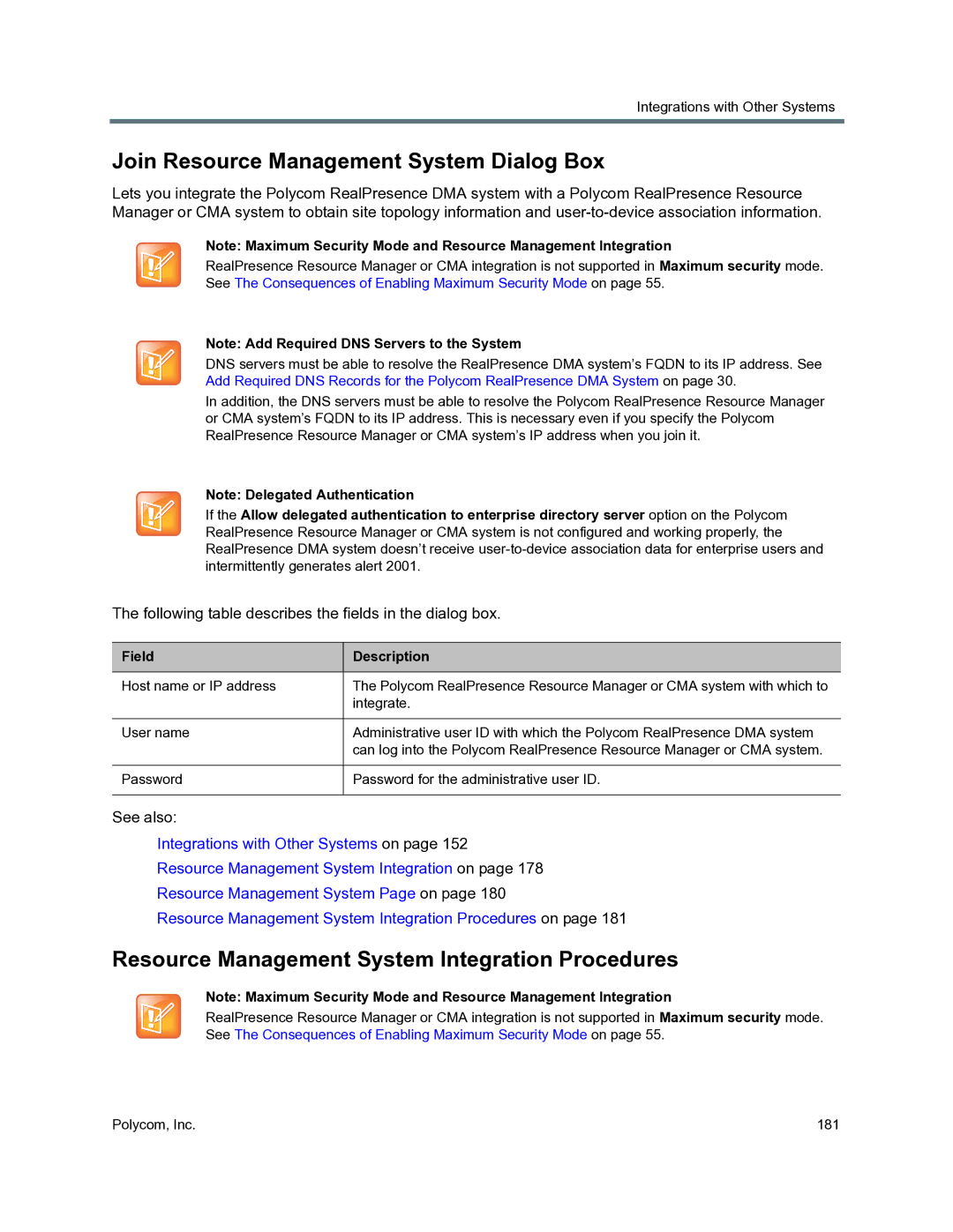 Polycom 3725-76302-001O Join Resource Management System Dialog Box, Resource Management System Integration Procedures 