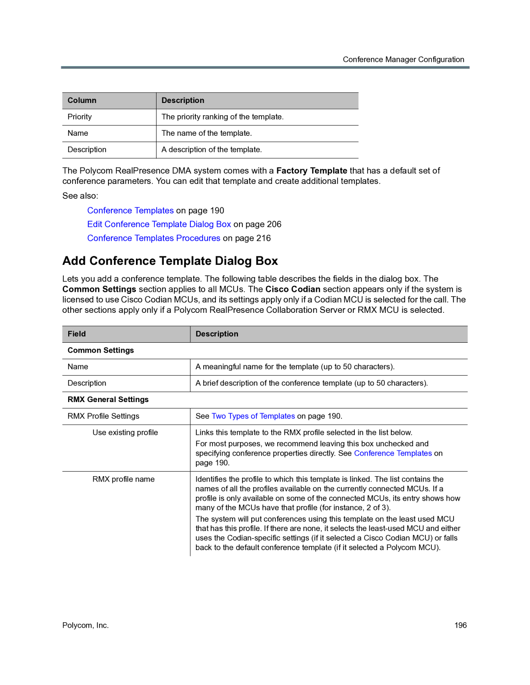 Polycom 3725-76302-001O manual Add Conference Template Dialog Box, Field Description Common Settings, RMX General Settings 