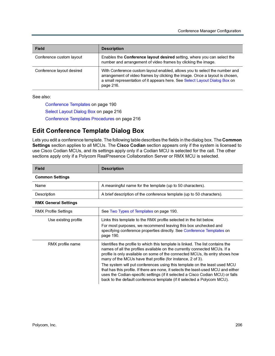 Polycom 3725-76302-001O manual Edit Conference Template Dialog Box, Field Description Common Settings 