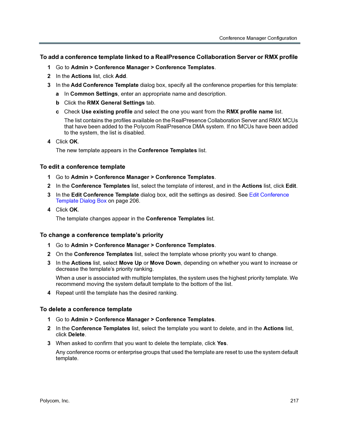 Polycom 3725-76302-001O manual To edit a conference template, To change a conference template’s priority 
