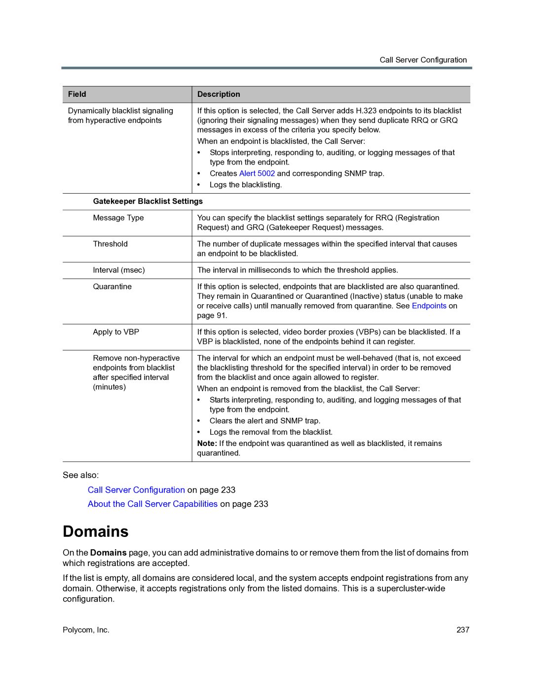 Polycom 3725-76302-001O manual Domains, Gatekeeper Blacklist Settings 