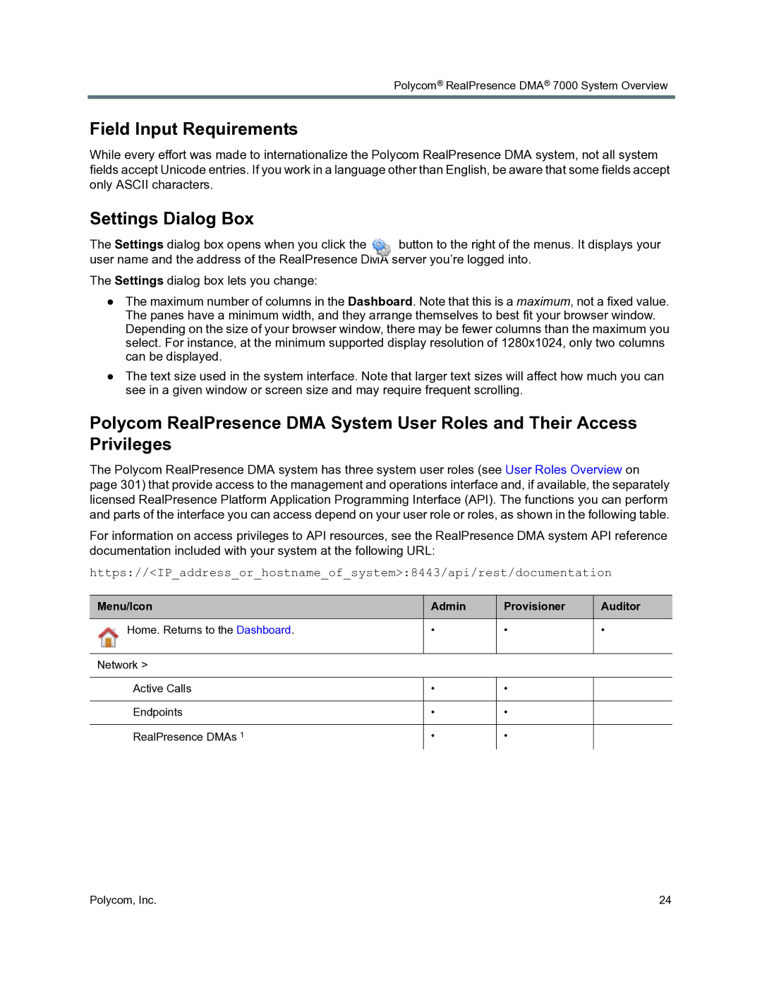 Polycom 3725-76302-001O manual Field Input Requirements, Settings Dialog Box, Menu/Icon Admin Provisioner Auditor 