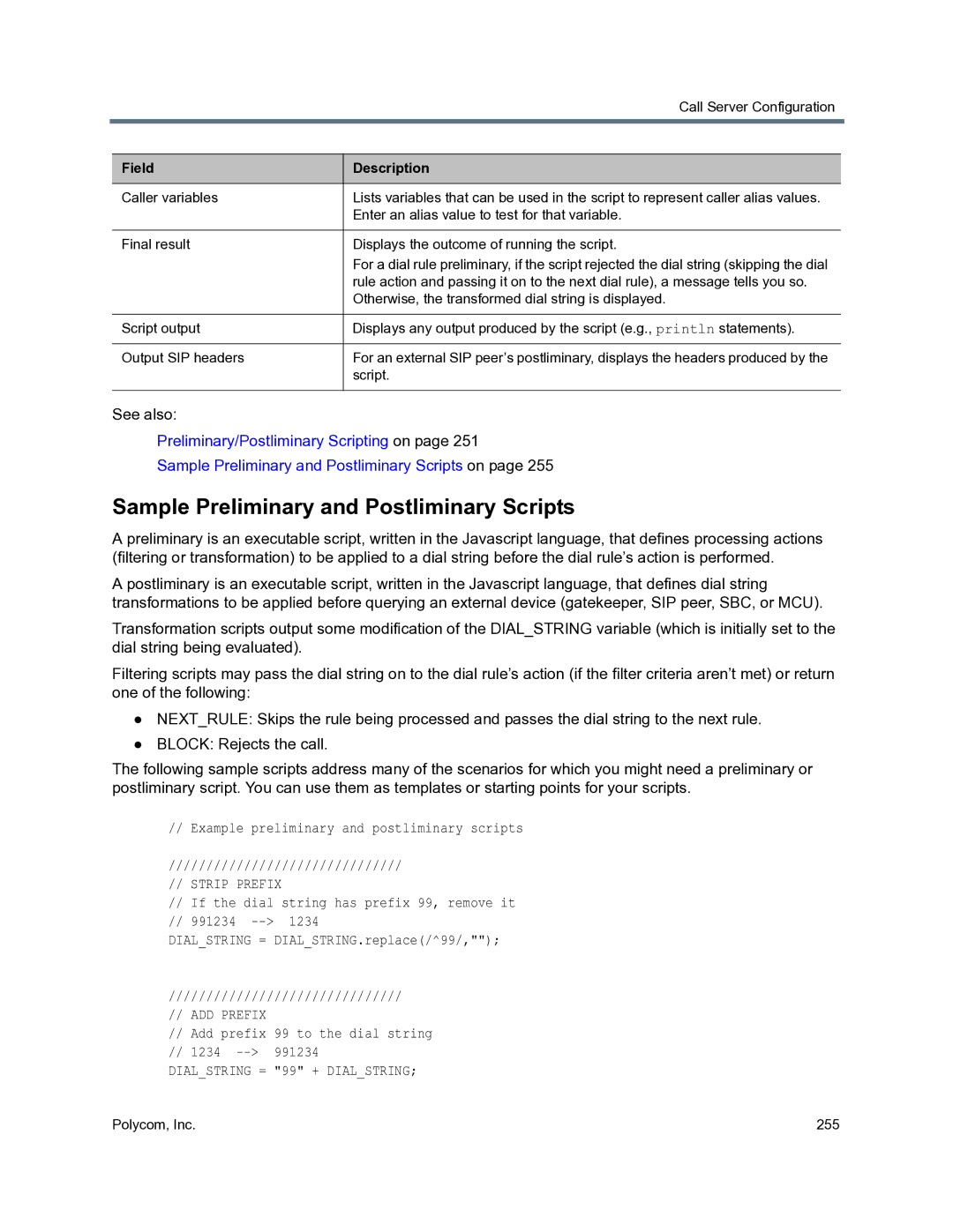 Polycom 3725-76302-001O manual Sample Preliminary and Postliminary Scripts, Field Description 