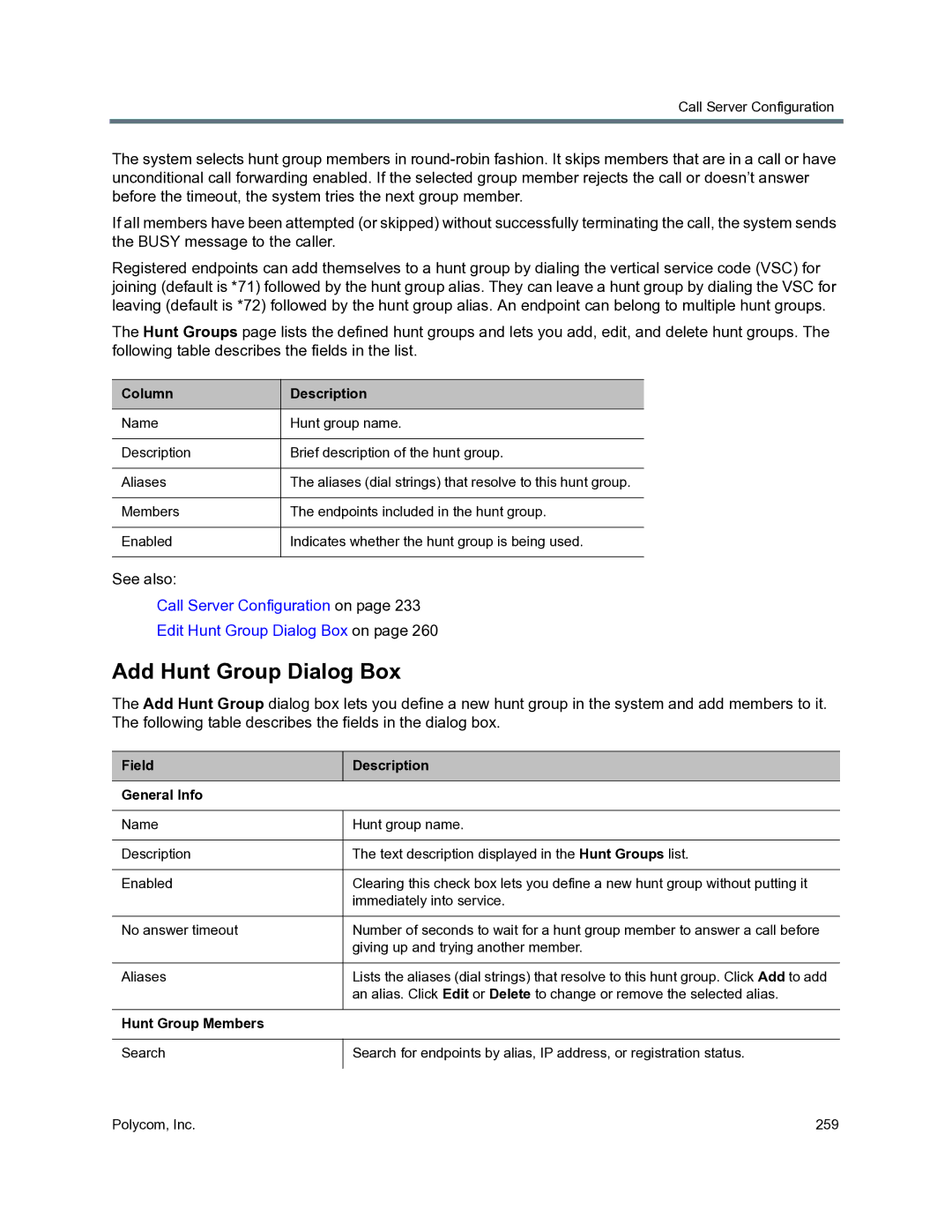 Polycom 3725-76302-001O manual Add Hunt Group Dialog Box, Field Description General Info, Hunt Group Members 