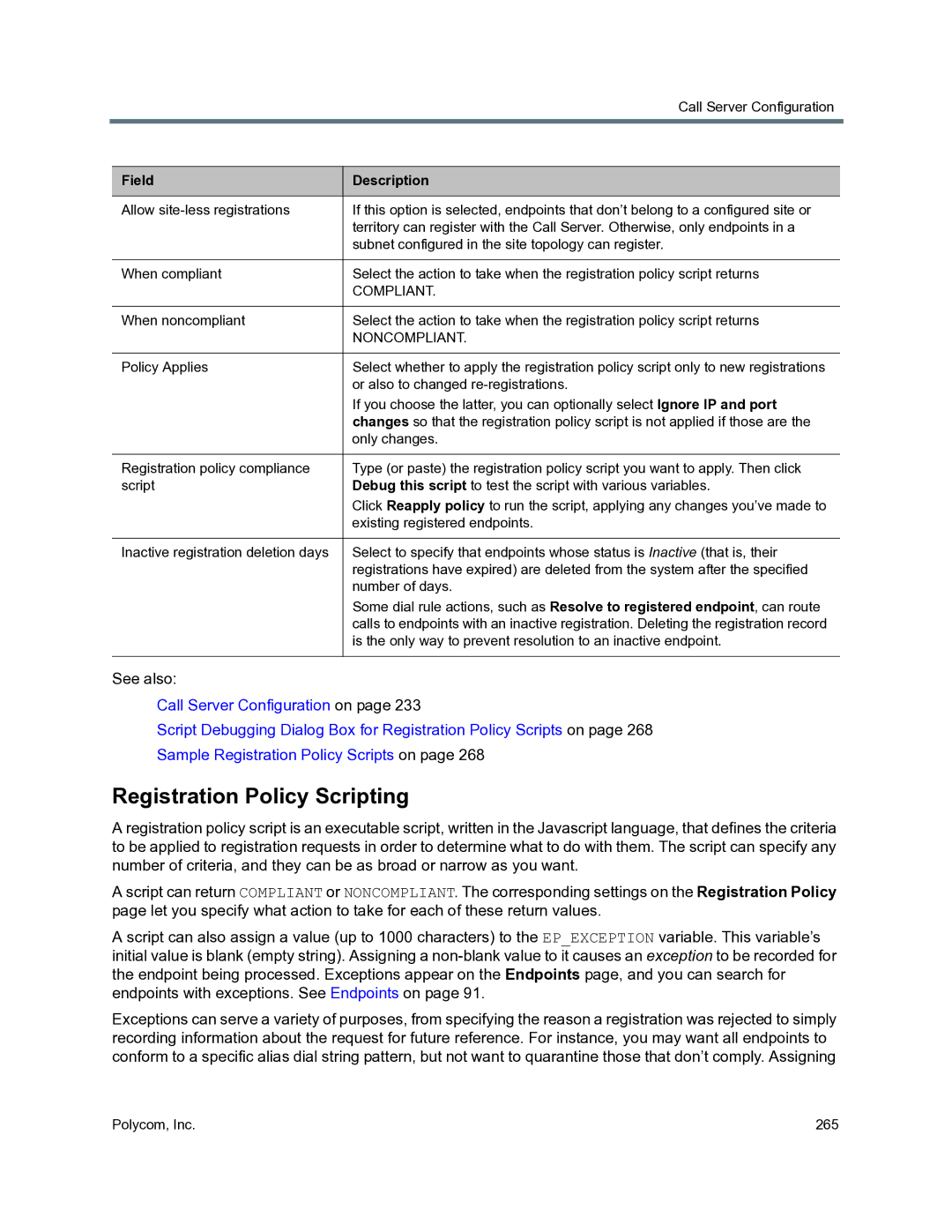 Polycom 3725-76302-001O manual Registration Policy Scripting, Noncompliant 