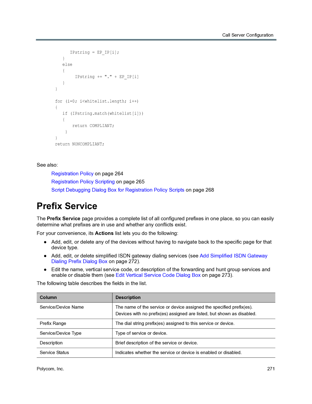 Polycom 3725-76302-001O manual Prefix Service, Column Description 