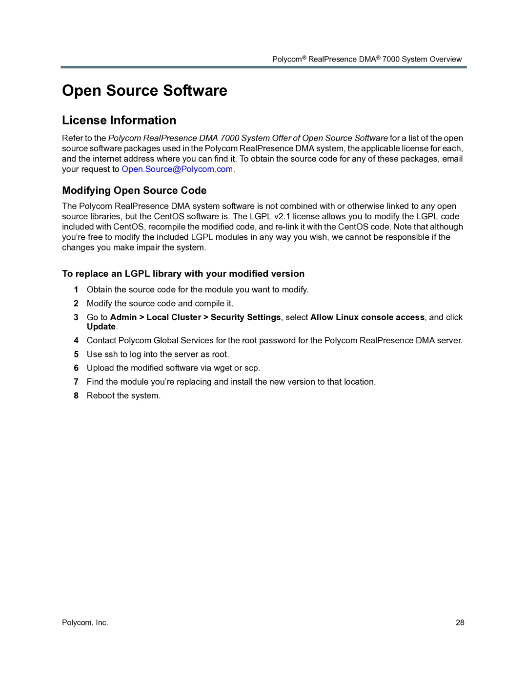 Polycom 3725-76302-001O manual Open Source Software, License Information, Modifying Open Source Code 