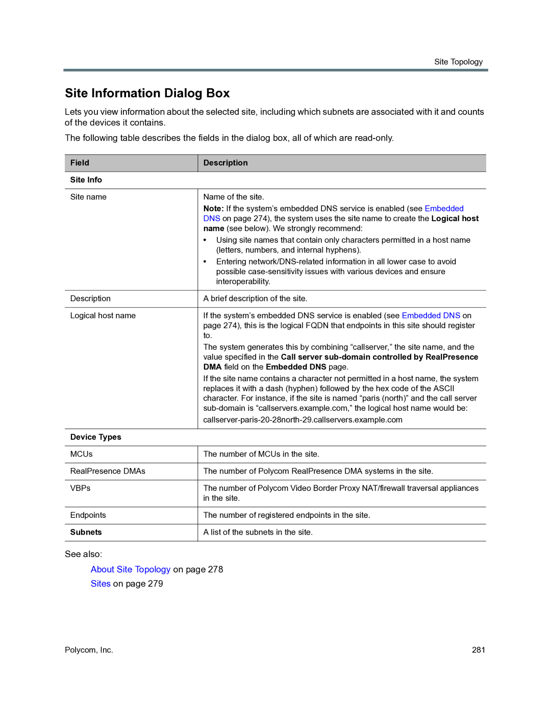 Polycom 3725-76302-001O manual Site Information Dialog Box, Field Site Info Description, Device Types, Subnets 