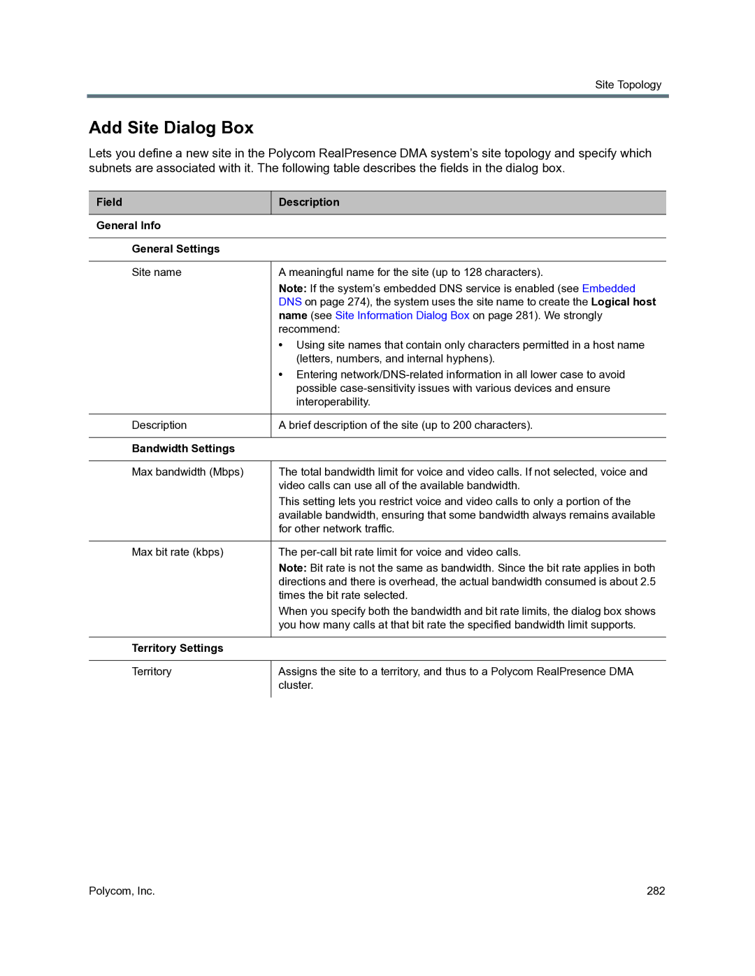 Polycom 3725-76302-001O manual Add Site Dialog Box, Field Description General Info General Settings, Bandwidth Settings 