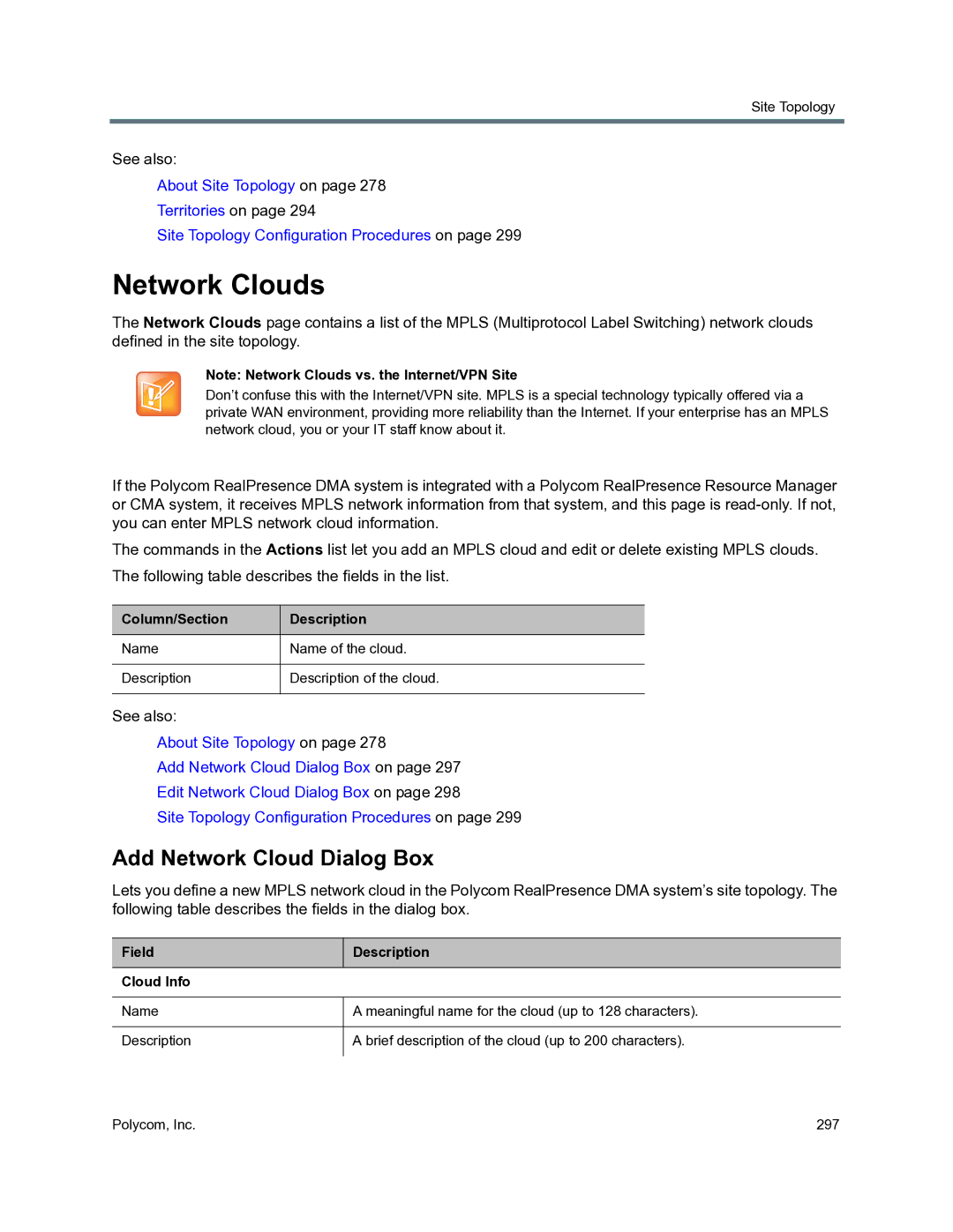 Polycom 3725-76302-001O manual Network Clouds, Add Network Cloud Dialog Box, Field Cloud Info 