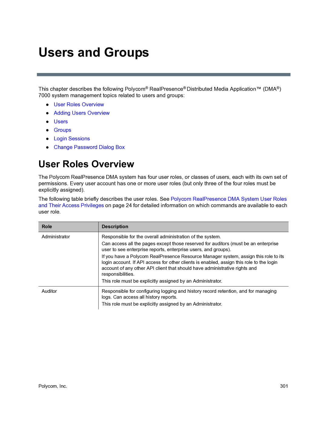 Polycom 3725-76302-001O manual User Roles Overview, Role Description 