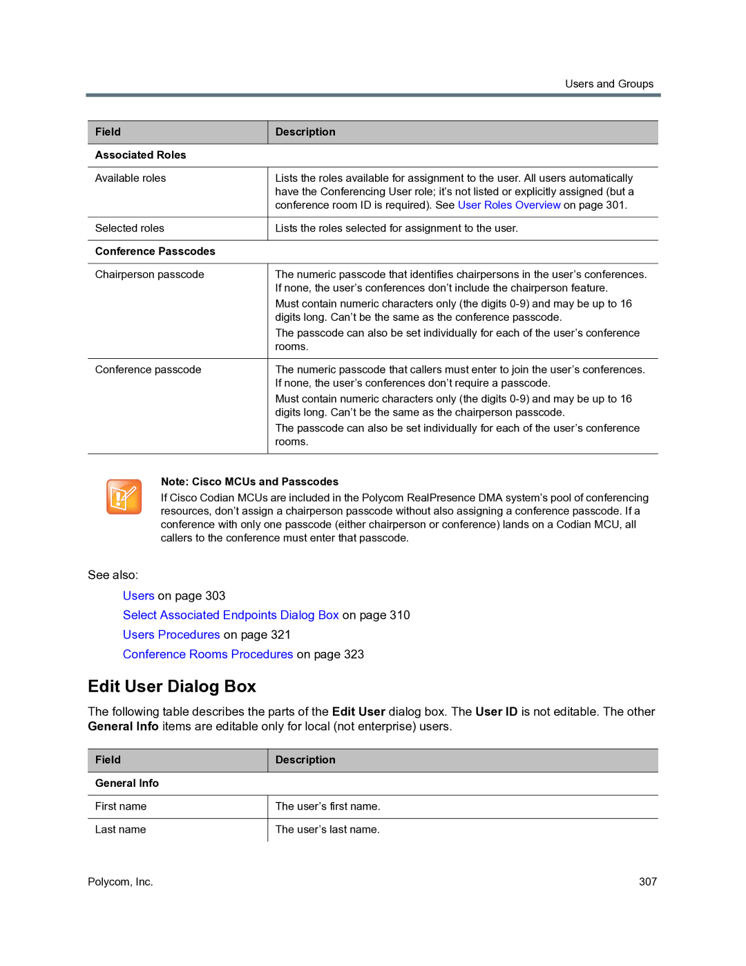 Polycom 3725-76302-001O manual Edit User Dialog Box, Field Description Associated Roles, Conference Passcodes 