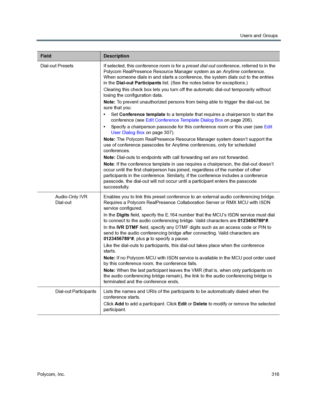 Polycom 3725-76302-001O manual Conference see Edit Conference Template Dialog Box on, User Dialog Box on 