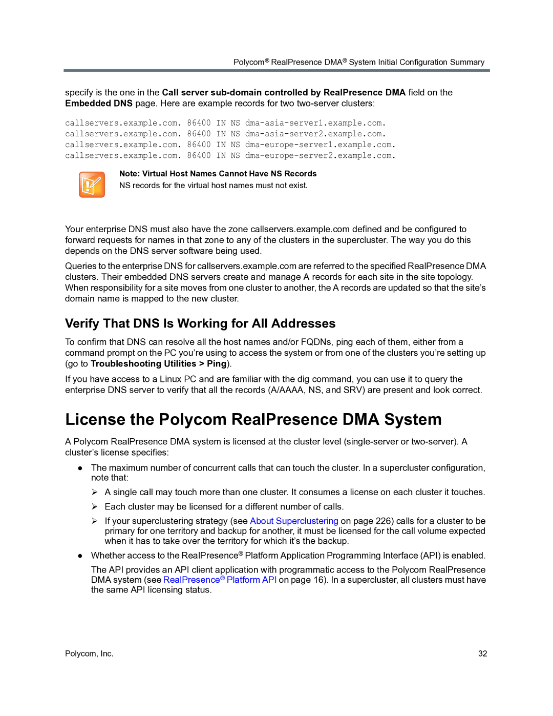 Polycom 3725-76302-001O manual License the Polycom RealPresence DMA System, Verify That DNS Is Working for All Addresses 