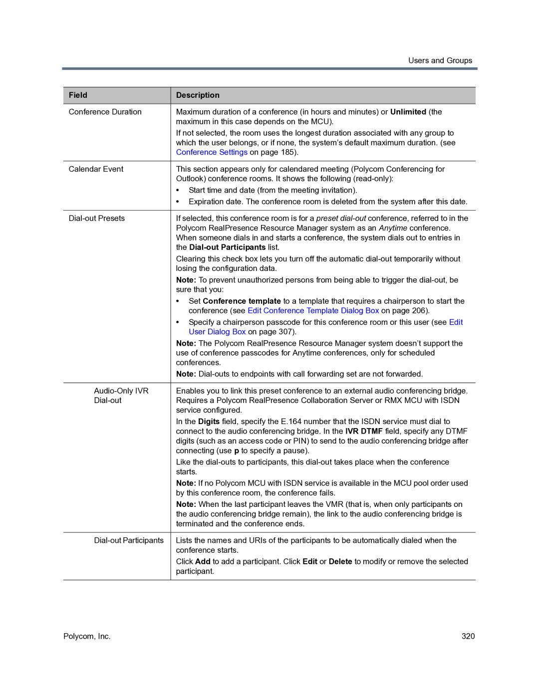 Polycom 3725-76302-001O manual Dial-out Participants list, Conference see Edit Conference Template Dialog Box on 