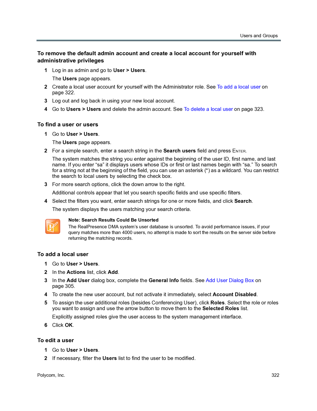 Polycom 3725-76302-001O manual To find a user or users, To add a local user, To edit a user, Go to User Users 