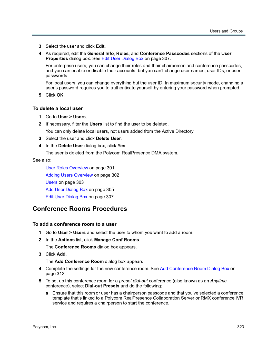 Polycom 3725-76302-001O manual Conference Rooms Procedures, To delete a local user, To add a conference room to a user 