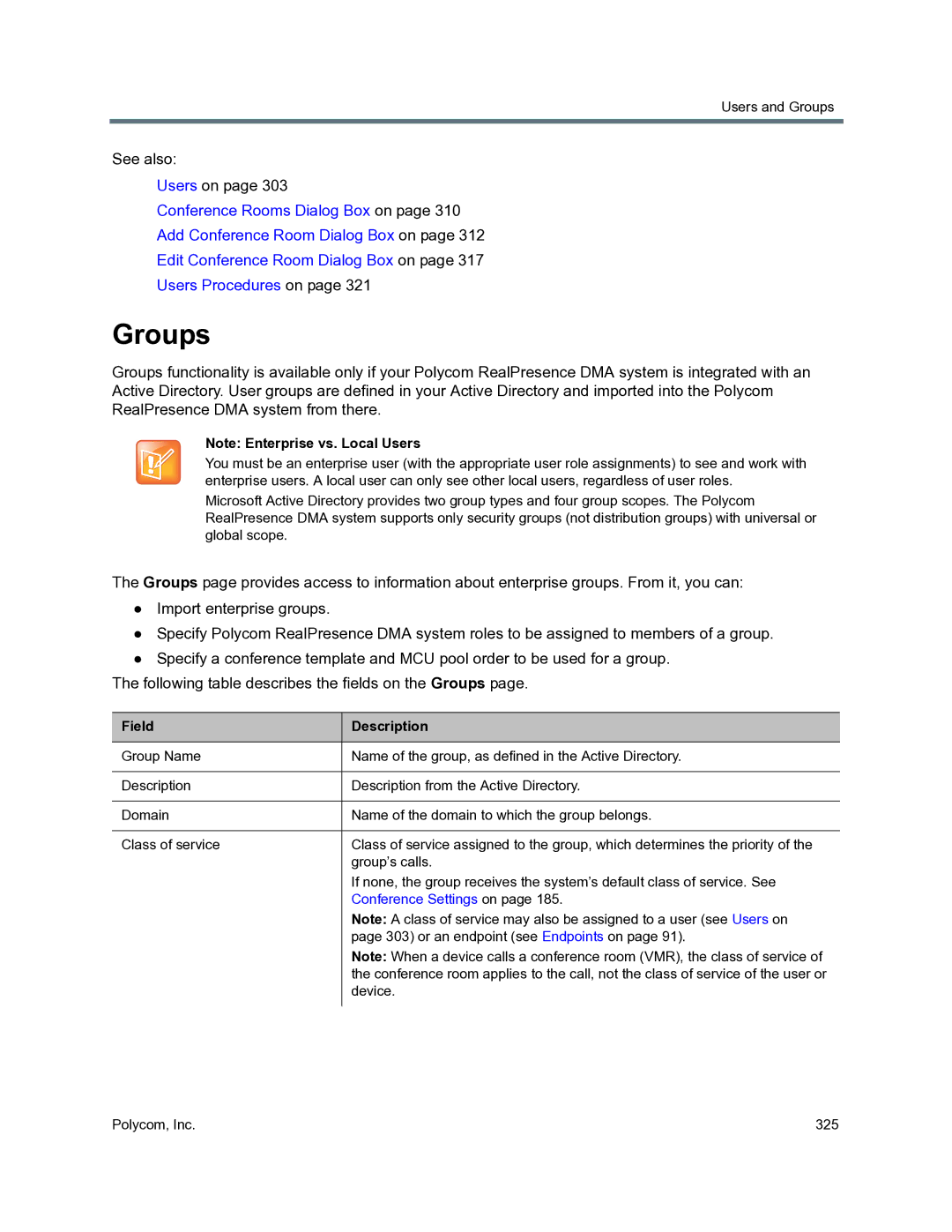 Polycom 3725-76302-001O manual Groups, Field Description 