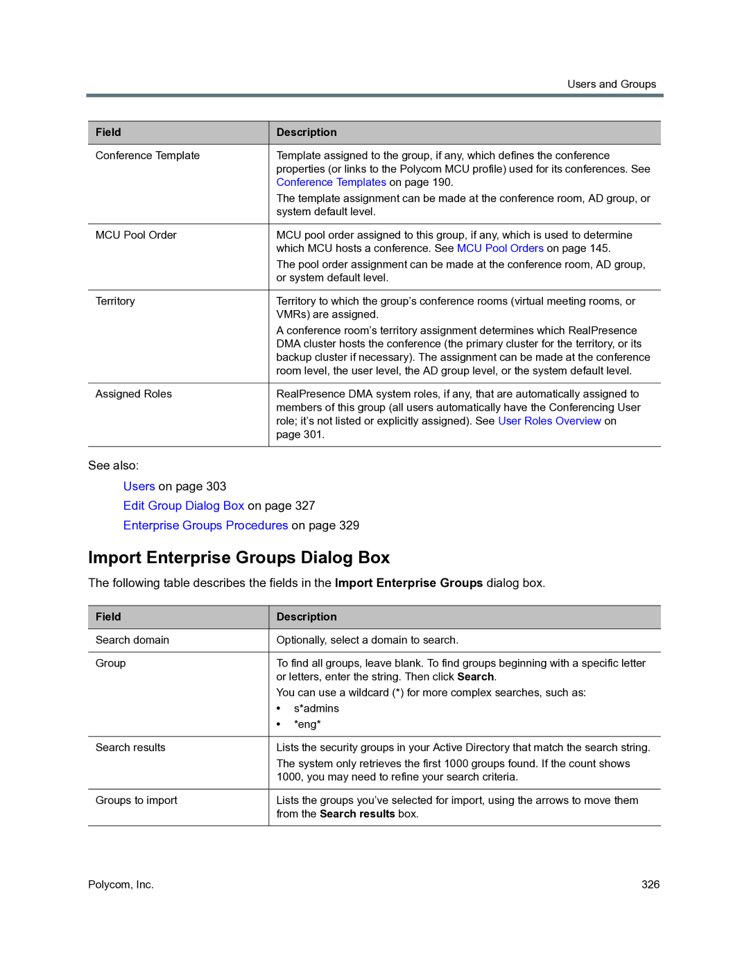 Polycom 3725-76302-001O manual Import Enterprise Groups Dialog Box, Conference Templates on, From the Search results box 