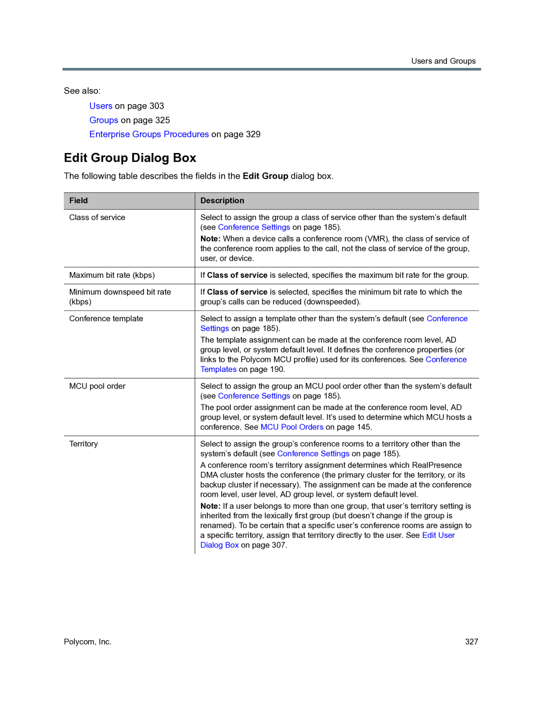 Polycom 3725-76302-001O manual Edit Group Dialog Box, See Conference Settings on 