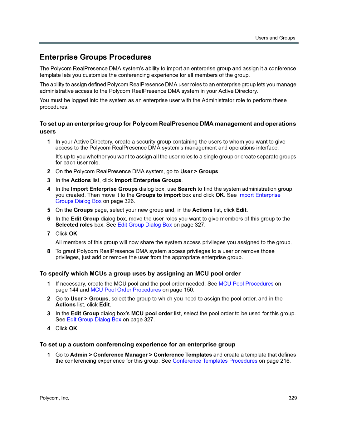 Polycom 3725-76302-001O manual Enterprise Groups Procedures, Actions list, click Import Enterprise Groups 