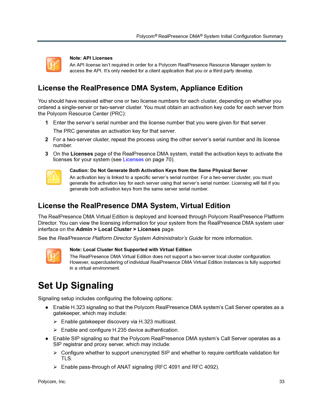 Polycom 3725-76302-001O manual Set Up Signaling, License the RealPresence DMA System, Appliance Edition 