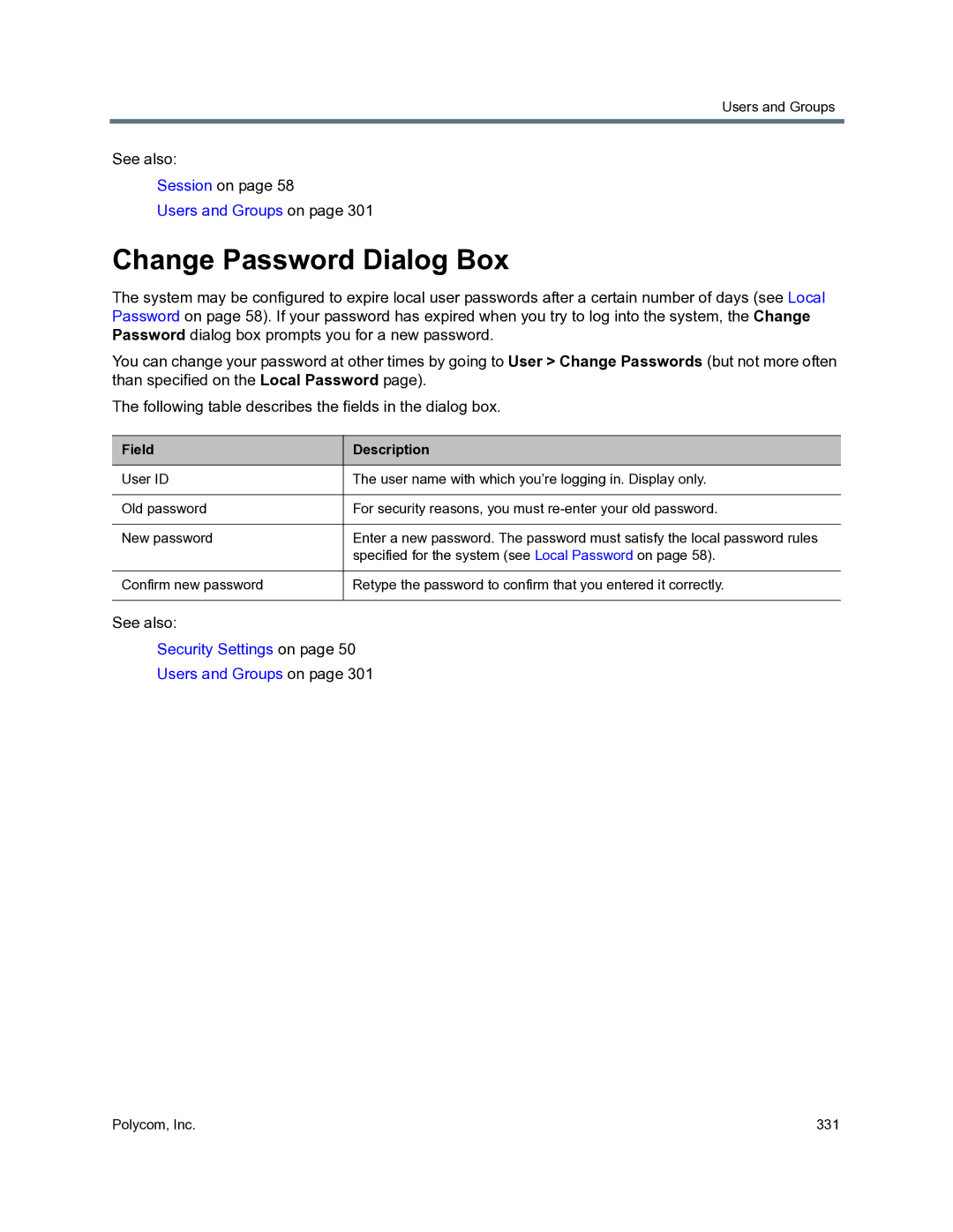 Polycom 3725-76302-001O manual Change Password Dialog Box, Field Description 